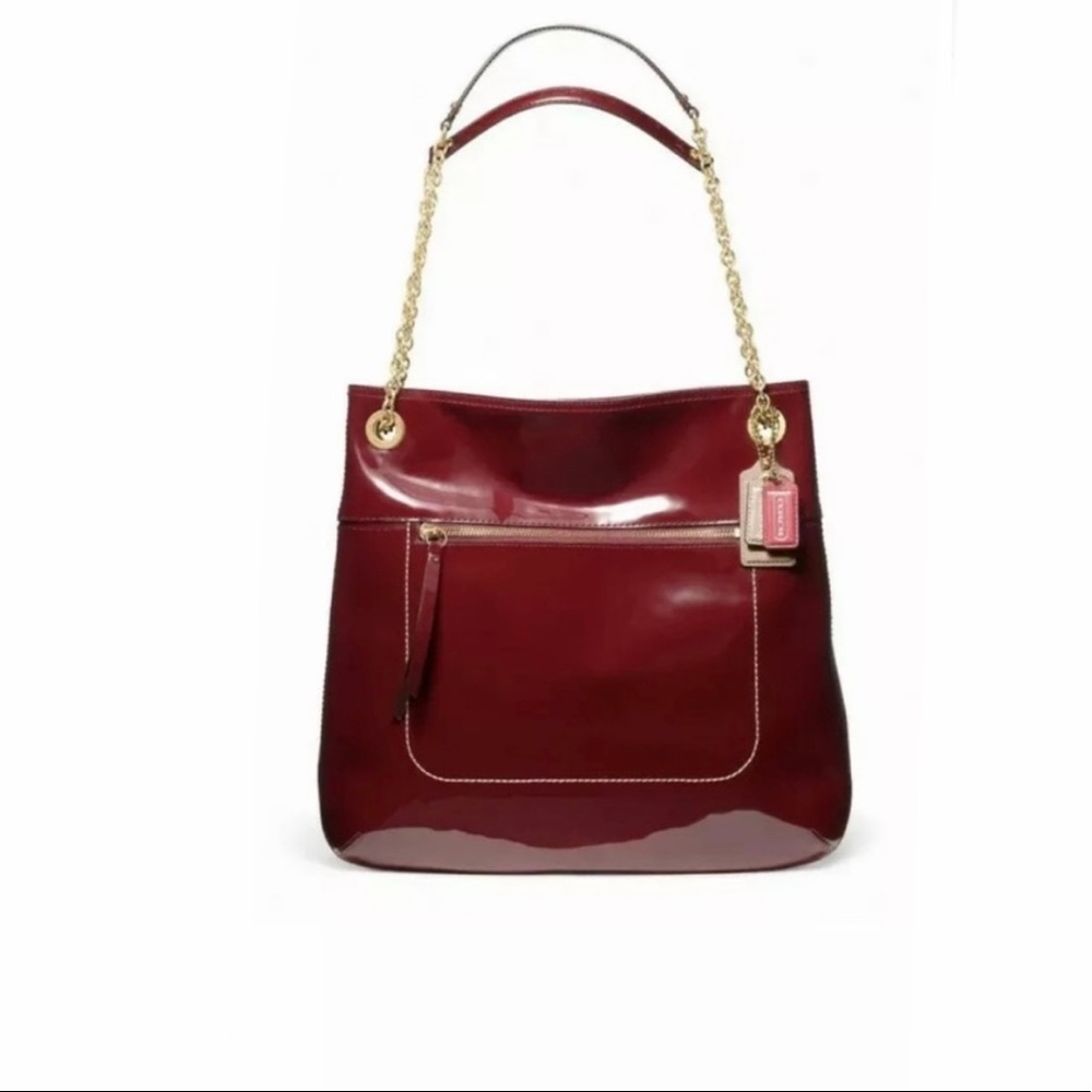🎉HP🎉New! Coach Crimson Poppy Slim Convertible Patent Leather Tote Gold Chain🥀 - Picture 8 of 15